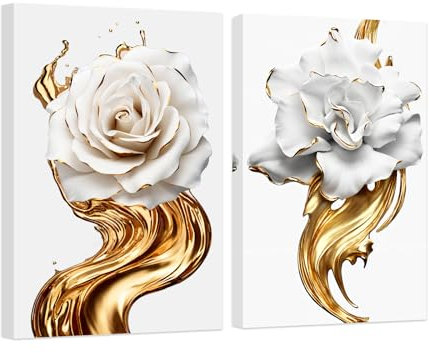 CCWACPP Floral Canvas Wall Art 2 Piece Gold White Rose Picture Elegant Flowers Painting Print Modern Living Room Bedroom Kitchen Home Decor Framed (50x75cmx2)