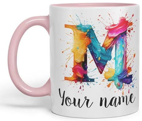 Vixar Personalised Letter M Mug, Alphabet cusomized Custom Letter M Monogram Watercolour Ceramic Coloured Mug Cup for Tea Coffee Hot Brew 330ml 11Oz Gift (Pink)