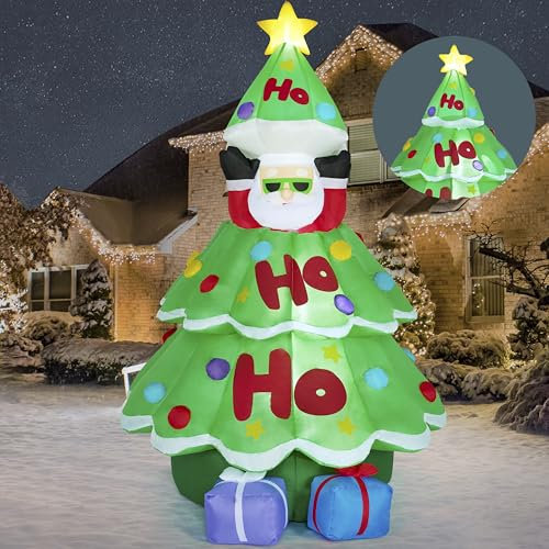 Joiedomi Decorazione da Esterno per Albero di Natale Animato Gonfiabile Alto 1,8 m con LED Incorporati, Albero di Natale Gonfiabile con Babbo Natale Pop-up e Regali per la Decorazione