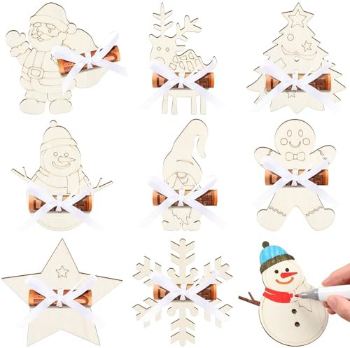 Otuuz 8 Stück Holz Geldgeschenk Weihnachten Set Weihnachten Geld Verpackung Weihnachten Baumschmuck Anhänger Weihnachten Geldhalter für Bargeld für Frauen Männer Freunde Tischdeko