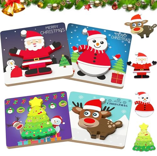 Lot de 4 puzzles de Noël en bois pour bébé - Cadeaux de Noël pour enfants de 1 à 3 ans et plus - Puzzle Montessori en bois - Sapin de Noël, bonhomme de neige - Jouets éducatifs