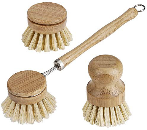 Brosse Vaisselle en Bambou en Bois Naturel, Brosse à Pot de Poils Longue Manche avec 1 Têtes de Rechange, Laveur de Vaisselle pour La Cuisine Nettoyage Casseroles