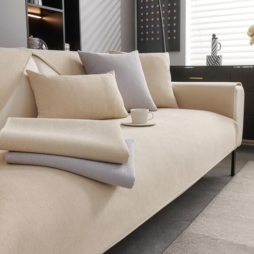 CJJZFO Sofa Überzug Weiche Chenille Sofabezug: Hund Katze Sofaschoner Anti Rutsch Vintage Couch Überzug für U Form L Form Sektionssofa für 1 2 3 4 Sitzer Sofa (Beige, 110 * 180cm)