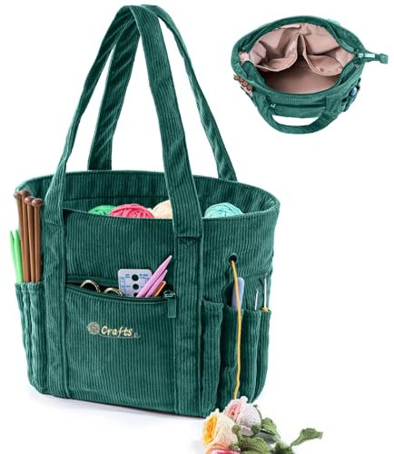 MYBAGZING Borsa per uncinetto e borsa, borsa per filati in velluto a coste, porta filato con tasche per uncinetti, accessori per maglieria, Verde, L, Tote, Vintage