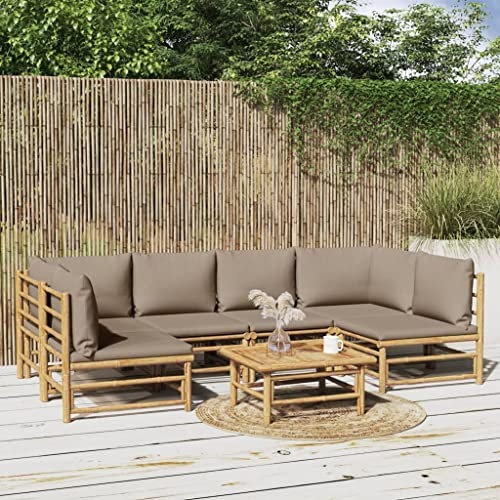 CINDERFUL Salon de Jardin 7 pcs avec Coussins Taupe Bambou,Ensemble de Salon de Jardin en Bambou Confortable et modulaire pour extérieur Mobilier de Jardin, Salons de Jardin