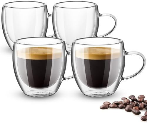 Esilihom Espresso Cups, Double Wall Glass Expresso Coffee Cup, 80ml Coffee Mugs with Handle, Heat Resistant Clear Glasses for Tea, 4 Pack