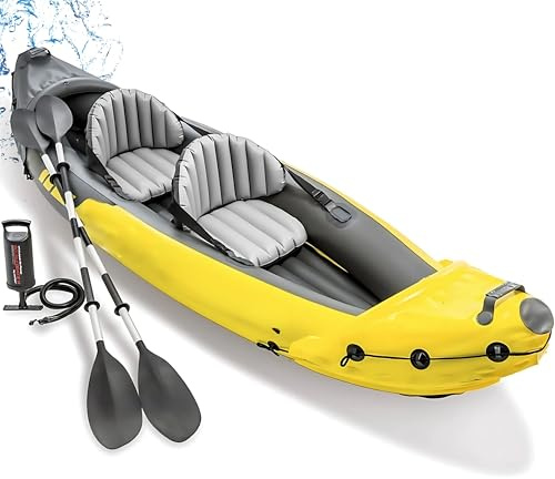 SENSHI Inflatable Kayak Set, 2-Person Inflatable Boat with Aluminum Oars, Padded Seats, Fins, Hand Pump, Repair Kit and Carry Bag, Blow Up Canoe for Lakes, Rivers & Sea Shores