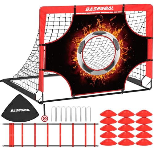 3 in 1 Fussballtore Outdoor Training Set 120x90cm, Klappbar, Tragbar | mit Zieltuch、Bullseye、Kegel、Tragetasche, Faltbare Hochwertigen Tornetzen für Indoor Outdoor Garten Sports