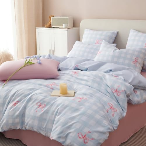 Sedefen Housse de Couette 200x200cm Bleu Plaid Rose Nœud Papillon Ado Adultes Parure de Lit avec Fermeture Éclair 2 Personne Sets de Housse Couette en Microfibre avec 2 Taie d'oreiller 65x65cm