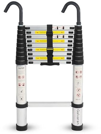 Galvaran Telescopic Ladder 3.8M / 12.5FT Multi-Purpose Aluminium Loft Ladder Extendable, Collapsible and Portable, Max Load 150kg/330lb, Adjustable Step, EN131 (3.8 m)