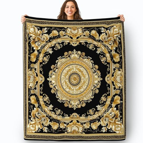 Kuscheldecke Fleecedecke Flanell Decke, Modernes Luxusmuster Muster Wohndecken Couchdecke Flauschig Überwurf Tagesdecke Sofadecke Für Schlafzimmer 150 x 200 cm, Schwarz Gold