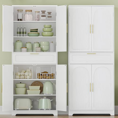 Hzuaneri Buffet Haut Cuisine, Meuble de Rangement avec 4 Portes, Armoire de Cuisine avec 1 Grand Tiroir, Armoire de Rangement, Étagères Réglables, pour Salle à Manger, Salon, Blanc PT18103X