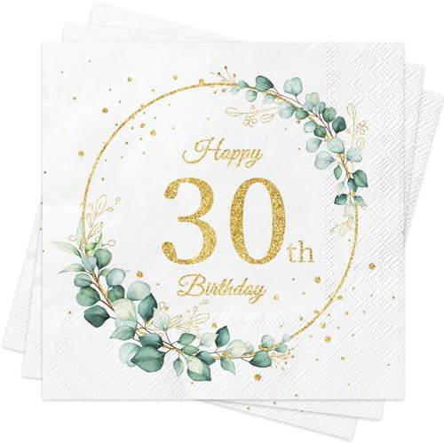 Servietten 30.geburtstag, 40 Stück Eukalyptus Grün Gold Geburtstags Servietten,Sage Grün Papierservietten für Mann Frau Geburtstag Feier Jubiläum Tischdekoration