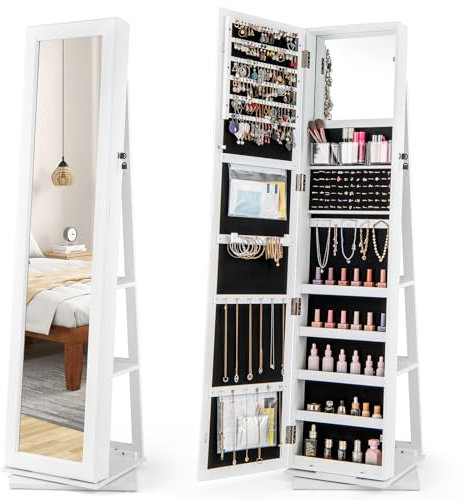 COSTWAY Armoire à Bijoux Pivotante à 360°, Organisateur de Bijoux avec Miroir sur Pied, Étagères Arrière, Miroir de Maquillage Intégré, 3 Boîtes de Rangement, 2 Poches, 43 x 38 x 159 cm (Blanc)