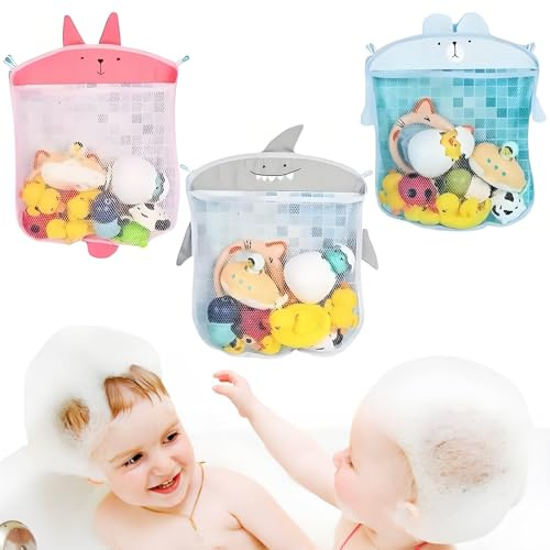 3 Stück Badespielzeug Aufbewahrung, Netz Badewannenspielzeug Aufbewahrung mit 6 Saugnapf-Haken, Badewannennetz für Spielzeug, 39cm*35cm Mesh Netz Tasche, Aufbewahrungsnetz Hängende Tasche (Farbig 1)