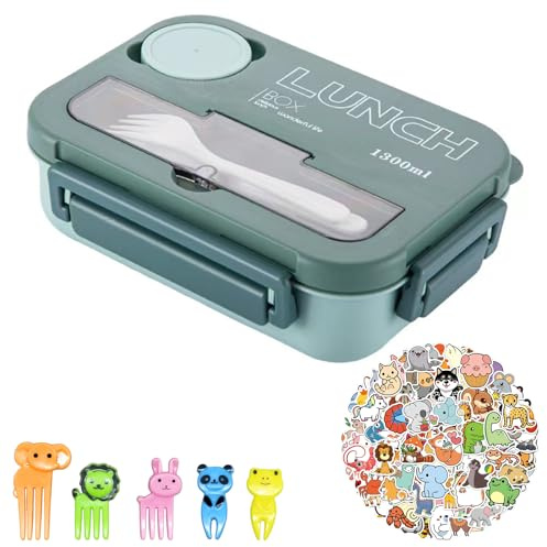 Rieoany Porta Pranzo Impermeabile 1300ml Lunch Box Bambini Con 4 Scomparti, Forchette & Adesivi Animali, Sicuro Per Microonde. Ideale Come Porta Merenda Scuola