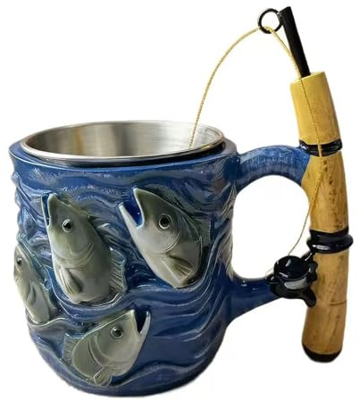 Odetina Fishing Coffee Mug, Funny Fishing Rod & Reel Design Mug, Resin Fisherman Coffee Tea Cup with Non-Slip Grip, Home Gift for Angler Dad Husband