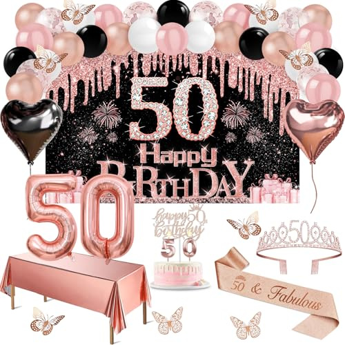 Amosking 50th Birthday Decorations for Women Rose Gold Black 49pcs | Luxury 49pcs 50th Birthday Women Decorations Banner, Tablecloth, Butterfly, Sash, Tiara, Cake Topper, Candles, Balloons Arch