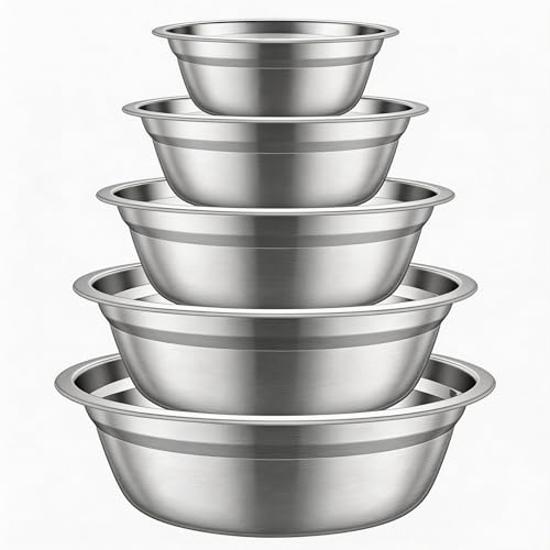 Senshuomy Stainless Steel Mixing Bowls, 5 Pcs 22-14cm (Small) | Seamless One-Piece Construction, Dishwasher Safe, Nesting Stackable Design for Baking, Dough Kneading and Salad Preparation