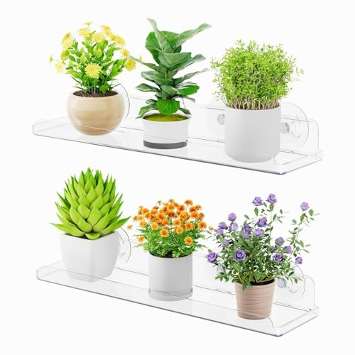 Oreilet Suction Cup Shelf for Plants, Acrylic Window Plant Stand Floating Shelves, Indoor Floating Shelves Plants Window Sill Extender Hanger for Succulents HerbPots