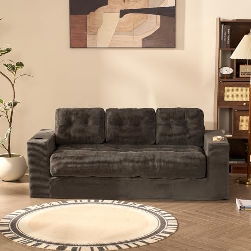 Litbird Bodensofa 190 cm 3-Sitzer, Modulares Cord Sofa mit Rückenlehne, Couch für Jugendzimmer, Studenten & kleine Wohnungen, mit Kissen und Getränkehaltern (Grau)