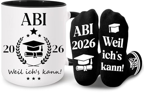 Abitur 2026 Geschenkset Tasse & Socken, ABI 2026 Geschenke Deko | Lustiges Abschlussgeschenk mit Spruch „Weil ich's kann!“, ABI Glücksbringer Deko