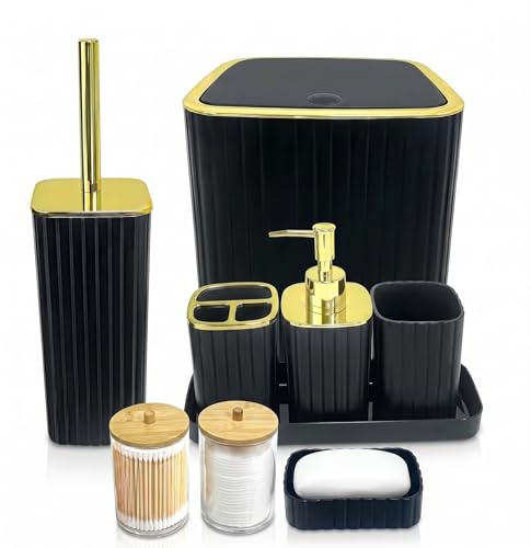 Kikzi® 9 Piece Bathroom Accessories Set, Black and Gold, Includes Toilet Brush, Soap Dispenser, Toothbrush Holder, Tumbler, Tray, Trash Can, Soap Dish