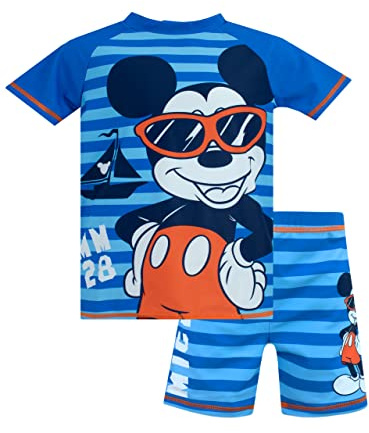 Disney Mickey Mouse Swimsuit 2 Piece | Boys Swim Set | Kids Rash Vest and Swim Shorts | Boys’ Rash Guards | Ages 18 Months to 7 Years