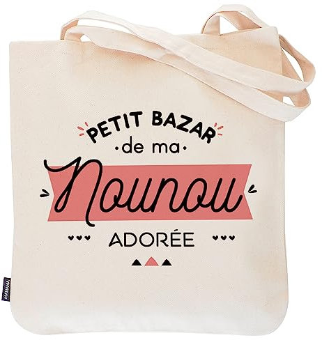 Manahia Totebag Nounou - Petit Bazar d'une Nounou Adorée - 100% coton - Merci pour tout - Sac Babysitter - Cadeau Noël, Anniversaire, Fin d'année scolaire