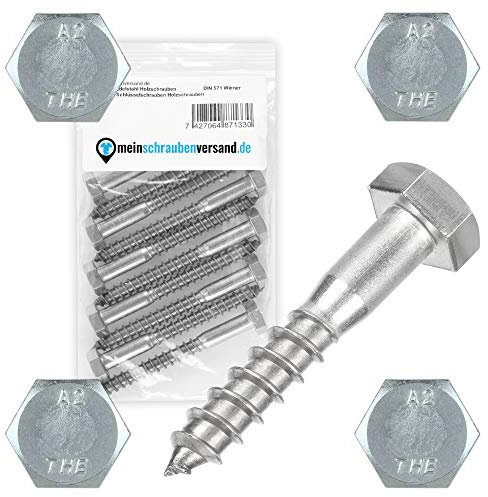 Lot de 100 vis à bois à tête hexagonale, 8 x 40 mm, en acier inoxydable DIN 571, pour construction en bois, 8 x 40 mm