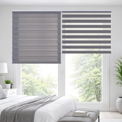 Estores Noche y Día enrollables para Ventanas Doble Capa 140x180 cm Plata | Fácil instalación a techo o pared El ancho de la tela mide 137,5 cm Estor enrollable control de luz y privacidad StoresDeco