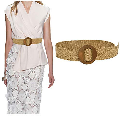 Ceinture en Raphia de Paille Pour Femme - Tissée, Élastique, Extensible, Taille Maigre Tressée Avec Boucle en Bois - Pour Robe d'Été, Plage, Style Bohème Boho
