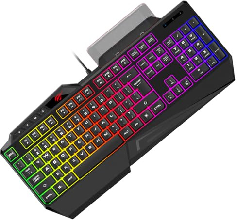 Havit KB488L Gaming Tastatur – Multifunktional, programmierbare Beleuchtete Tastatur, 108 Tasten – USB kabelgebunden für PC & Laptop, Gaming – Anti Ghosting Tastatur, integrierter Handyständer