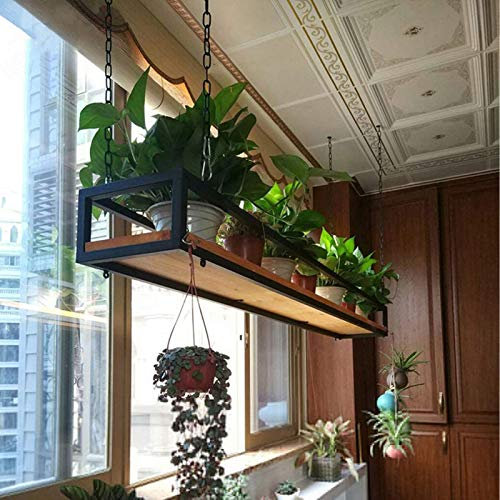 WYFZT Ceiling Mount Grid Pot Pan Rack 60/80/100/120cm Hanger Organiser Ceiling Hanging shelf Kitchen Storage Shelving Tray Holder Flower Stand Heavy Duty, Wood and Metal (Size : 80x25x15cm)