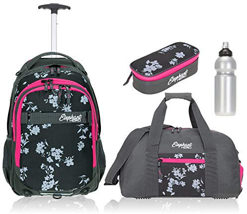 Elephant 4 Teile Set Trolley Hero Signature Schultrolley Rucksack Trolly Sporttasche Mäppchen Flasche 12800 (Grey Flower (Grau/Pink Zip))