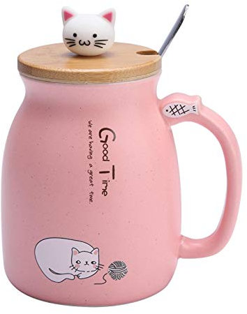 Kuuleyn Taza de Gato, 1 Taza de cerámica de Gato Encantador con Cuchara y Tapa, Taza de Leche, Agua y café para Regalo(Rosado)