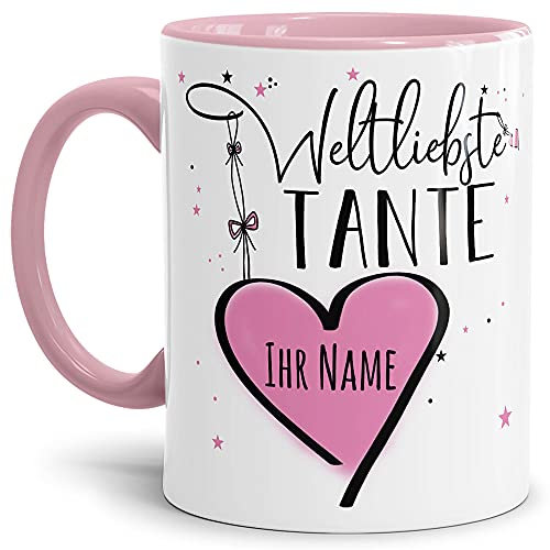 Keramik Tasse - Weltliebste Tante - zum selbst gestalten mit Name - Geschenk für die beste Tante - Innen & Henkel Rosa, 300 ml