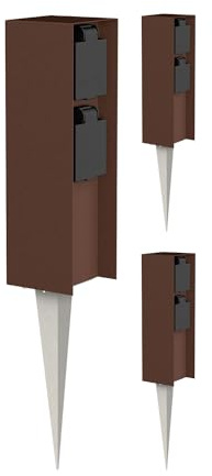 ledscom.de 3X Garten-Steckdosen-Säule POMI mit Erdspieß für außen, IP44, 2-Fach, braun, eckig, 23cm