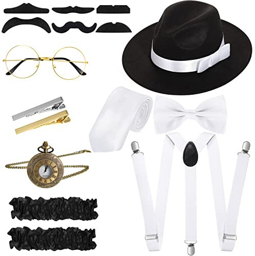 SATINIOR 1920er Jahre Brüllender Retro Herren Kostüm Zubehör Set Gangster Hut Fliege Taschenuhr Strapse Glas Bart Krawattenklammer, Flanell schwarz, Delicate Style