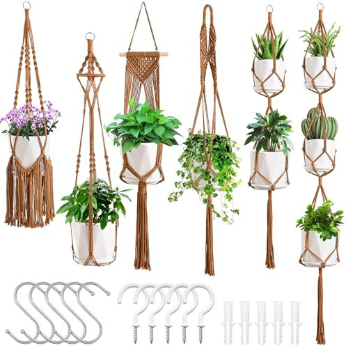 SFENNGPET Makramee-Pflanzenaufhänger, 6 Stück, hängende Pflanzgefäße für Zimmerpflanzen mit 6 Aufhängern, handgefertigt, Macromay-Pflanzenaufhänger, Blumentopf-Halter, Ständer für Boho-Heimdekoration