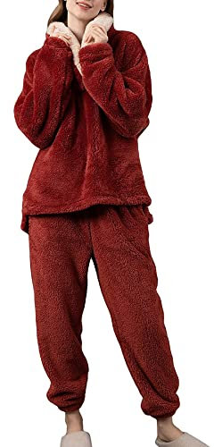 Jarseila Set Pigiama Donna Invernale Flanella Due Pezzi Confortevole Caldo Tuta Casa Morbido Maniche Lunghe Pigiami Felpa con Cappuccio Pantaloni Loungewear Pile Pigiama Donna Felpato