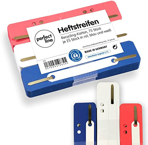 perfect line - 75 Heftstreifen Pappe, recycling Karton, 250 g/m², 3 Farben (Rot, Blau, Weiß), Made in Germany, Blauer Engel zertifiziert