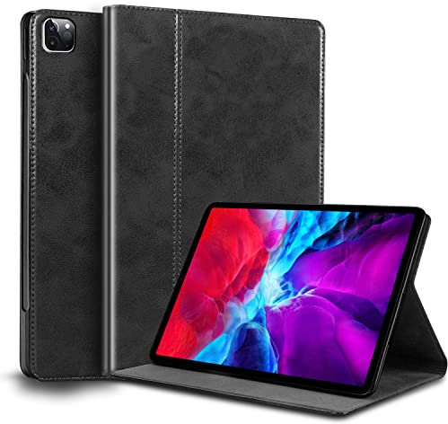 Gexmil Leder Hülle für iPad Pro 12,9 Zoll 6./5./4./3. Generation 2022/2021/2020/2018 Echt Leder Cover Stoßfest,rutschfest,Automatischer Schlaf/Aufwachen,Einstellbarer Ständer, Schwarz