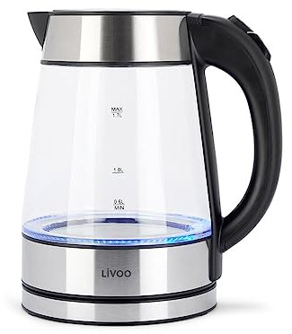 Livoo - Bouilloire en verre - acier inoxydable et verre borosilicate, 1,7 L, 2200 W, rétro-éclairage bleu