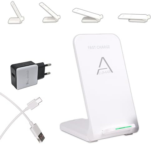 Caricabatterie wireless, ricarica rapida 15 W, base ricarica wireless, bianco + adattatore, compatibile con i phone e Android, doppia bobina, i phone Pro MAX XR XS X Plus, Samsung, Google, Xiaomi