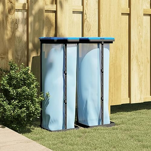 ADWOA Rubbish Bag Holders 2 pcs Black and Blue 120 L PP,Sack Holder Black Lid Adjustable Refuse Bag Stands Foldable Camping Bin