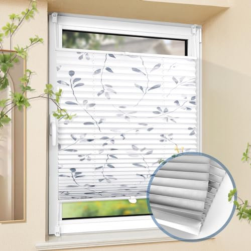 Plissee ohne Bohren Verdunkelung mit Muster Weiß-blätter 80x130cm(BxH) Thermo Plissee Klemmfix Verdunklung Jalousien zum Klemmen Plissees Sichtschutz Fenster innen 100% Blickdicht