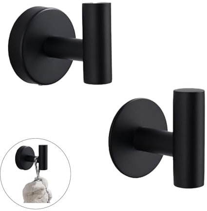 Kinwodon 2 Pcs Bathroom Towel Hook, Black Towel Hook Adhesive Heavy Duty Stainless Steel Door Hanger Wall Hooks Stick on Metal Coat Hooks Robe Clothes Closet Sponges Hook for Bathroom Kitchen Bedroom Hotel