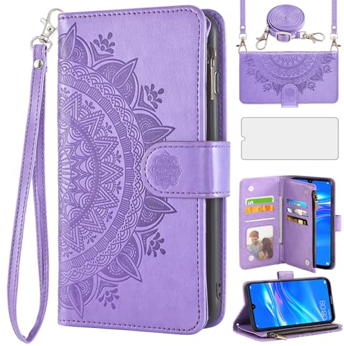 Asuwish Handyhülle für Huawei Y7 2019/7Y Pro Hülle mit Band und Folie Schutzfolie Kartenfach Klappbar Leder Blumen Geldbörse Ständer Hawaii Y7 Prime 2019 Dub-LX1 Hüllen Schutzhülle Phone Case Lila