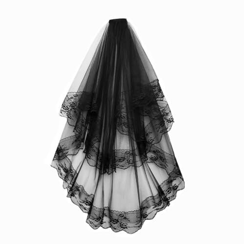 Clataly Schwarze Spitze Schleier Tüll 2-Tier Hochzeit Schleier Halloween Party Schleier Kopfstück mit Kamm